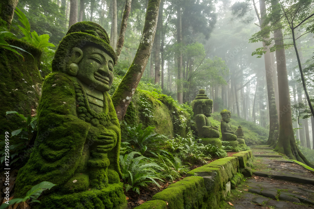 Ancient moss covered stone statues line a forest path in misty woods ...