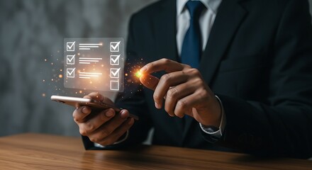 Businessperson using smartphone checklist