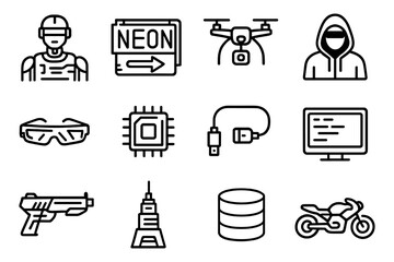 Cyberpunk icons featuring futuristic elements and technology in linear style