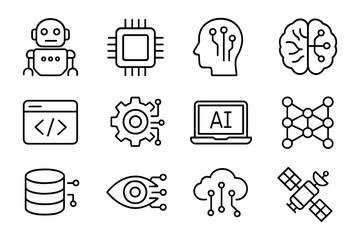 Linear icons of technology concepts: ai, cloud computing, robotics, and more