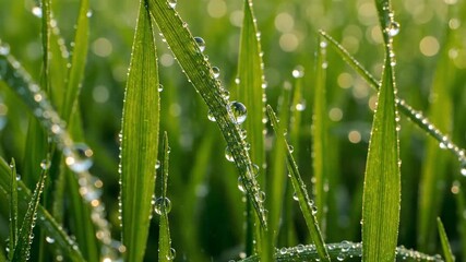 Wall Mural - Ultra close-up of glistening dew drops on individual green grass blades in a morning field, showing intricate natural detail liquid, delicate, peaceful