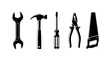 © Vanderlei - Set of 5 hand tools icons wrench hammer screwdriver pliers saw Black and white design Isolated vector