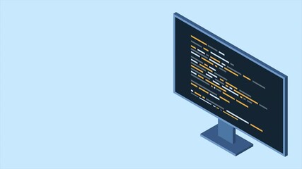 Isometric monitor animation. Software programming coding concept. Code on computer monitor. Isometric technology. 4K video animated in isometric style