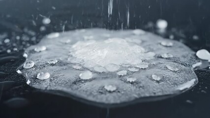 Wall Mural - Timelapse showing an icy crust forming and thickening on a cold surface from hail rapid, fast, motion