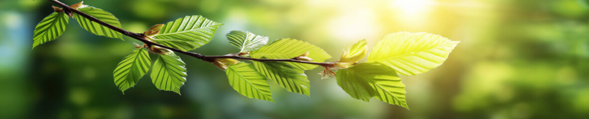 Wall Mural - fresh green leaf growing on tree branch in forest in spring on sunny day. Wide panoramic background