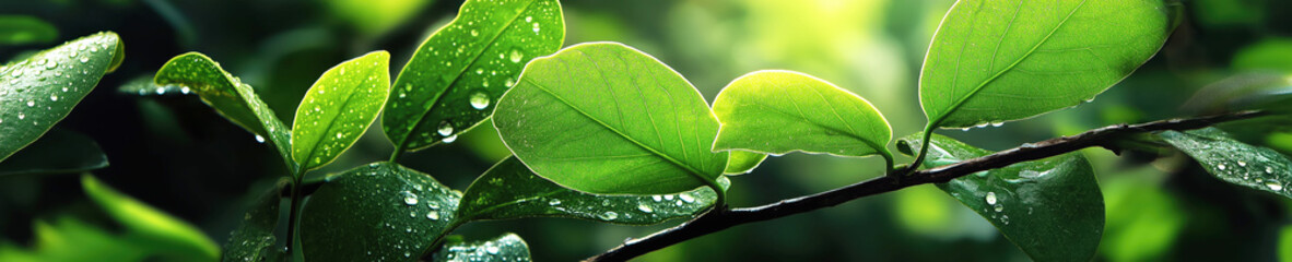 Wall Mural - fresh green leaves growing on a tree branch in raindrops and dew in the forest in spring. Wide panoramic natural background