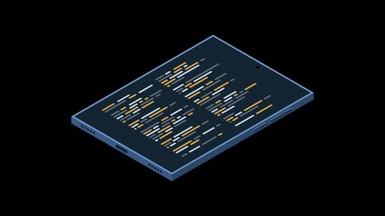 Isometric tablet animation. Program code on tablet screen. Isometric technology. Transparent background with alpha channel