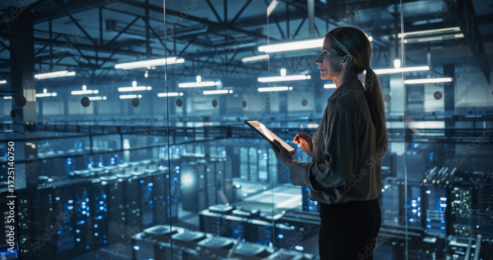 Female Cybersecurity Expert Standing with Her Back to Camera, Works on ...