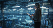 © Gorodenkoff - Female Cybersecurity Expert Standing with Her Back to Camera, Works on Her Tablet in a Modern Facility, Running Diagnostic Tests to Identify Network Vulnerabilities in a Data Center with Server Racks