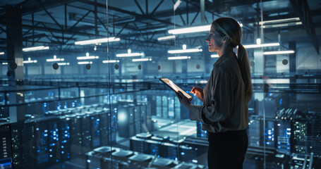 Female Cybersecurity Expert Standing with Her Back to Camera, Works on Her Tablet in a Modern Facility, Running Diagnostic Tests to Identify Network Vulnerabilities in a Data Center with Server Racks