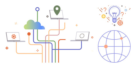 Laptops linked to cloud with colorful lines, lightbulb for creativity, globe for global reach. Ideal for technology, innovation, networking, connectivity, brainstorming, globalization collaboration