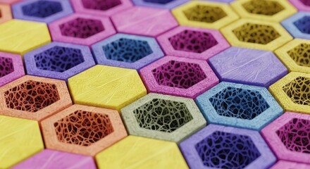 Abstract Hexagonal Geometric Pattern with Colorful Organic Textures