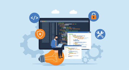 Programmer coding on computer screen with digital icons for development security and data vector