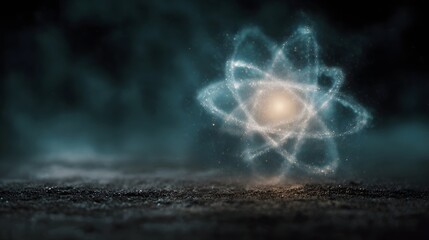 Wall Mural - A stylized glowing atom model with orbiting electrons depicted against a dark smoky background