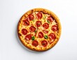 © Hey - Pizza with pepperoni and basil, top-down view