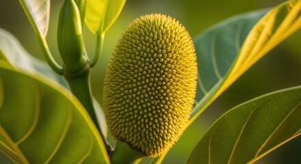 Close-up of a vibrant unripe jackfruit surrounded by lush green foliage showing detail texture and