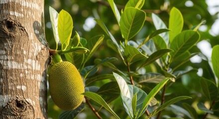 Close-up of a young jackfruit growing on a tree, showcasing the distinctive texture and vibrant
