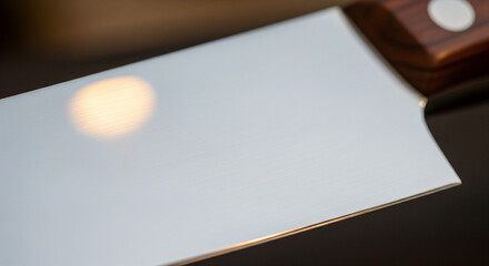 Poster -  A close-up of the pristine, polished blade of a high-quality chef's knife. The edge is sharp and clean, with subtle reflections of light, conveying precision and craftsmanship.