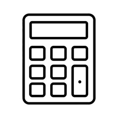A minimalist line drawing of a calculator with a display screen and square buttons, isolated on a white background.