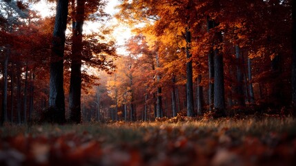 Wall Mural - A sun drenched autumn forest path glows with vibrant orange and red foliage under a golden hour sky