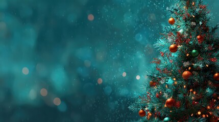 Wall Mural - Teal Christmas Tree With Ornaments Against Teal Bokeh Background