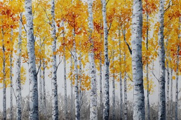 Wall Mural - Watercolor painting forest landscape of birch trees in autumn.	