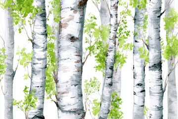 Wall Mural - Watercolor painting forest landscape of birch trees in spring.	