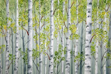 Wall Mural - Watercolor painting forest landscape of birch trees in spring.	