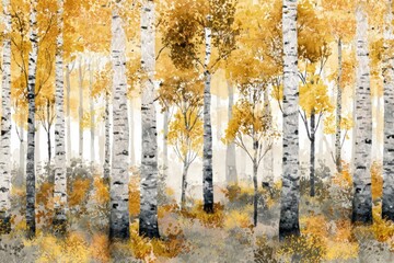 Wall Mural - Watercolor painting forest landscape of birch trees in autumn.	