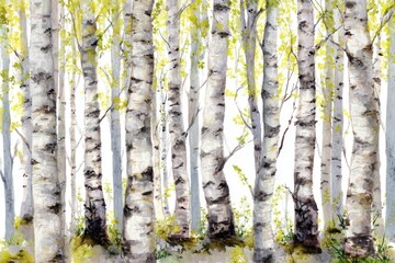 Wall Mural - Watercolor painting forest landscape of birch trees in spring.	
