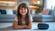 © Kanok - Happy girl using a smart home assistant on the floor