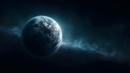 Wall Mural - A luminous planet resembling Earth floats in deep space with a glowing cosmic nebula stretching beside it