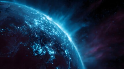 Wall Mural - A glowing blue digital Earth seen from space at night with luminous city lights and atmospheric energy set against a backdrop of nebulae