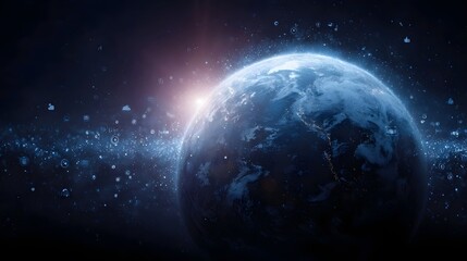 Wall Mural - A glowing Earth suspended in a dark star filled cosmos illuminated by a distant celestial light with abstract digital elements swirling around