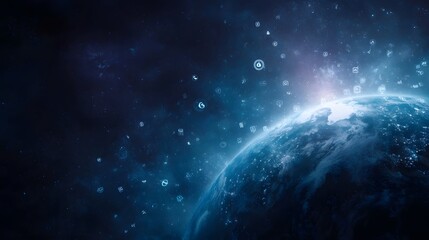 Wall Mural - Futuristic Earth in deep space illuminated by a bright glow and surrounded by digital technology icons