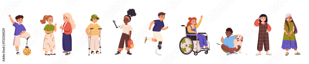 Set of diversity children with disability together. Collection ...