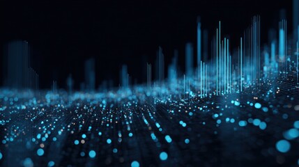 Abstract glowing blue digital landscape with vertical lines and bokeh effect.