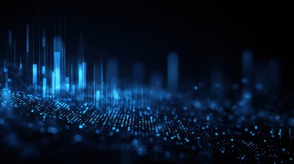 Abstract blue glowing digital landscape with binary code data flow background.