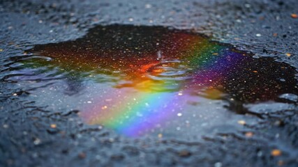 Wall Mural - Macro shot of a shimmering rainbow reflection in a clear rainwater puddle after a storm detail, calm, peaceful