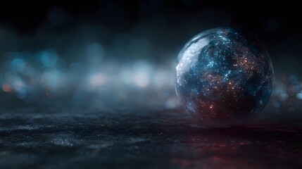 Wall Mural - A glowing sphere with intricate digital patterns rests on a dark textured surface with bokeh lights