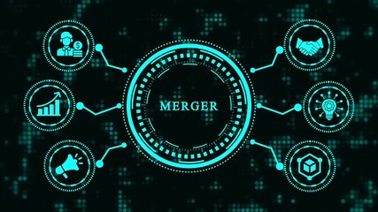 Merger concept on black background with digital interface merger and acquisition, business strategy, and corporate development concept digital technology and business innovation