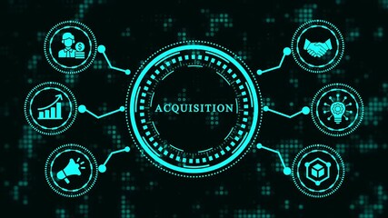Acquisition concept on black background with digital interface merger and acquisition, business strategy, and corporate development concept digital technology and business innovation