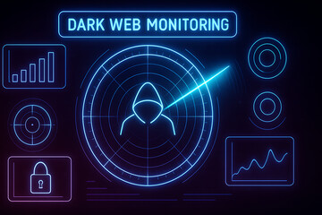Dark web monitoring cybersecurity hacker detection radar hooded figure neon interface glowing data visualization futuristic digital security technology network threat protection cybercrime analysis