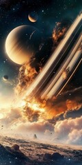 Wall Mural - Majestic Sunrise Over Saturn s Rings and Moons, A Stunning Cosmic Display of Celestial Beauty