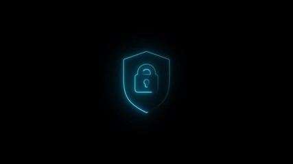 A neon shield icon with a lock inside, symbolizing digital security, data protection, and secure access, glowing against a dark background for a modern tech aesthetic.