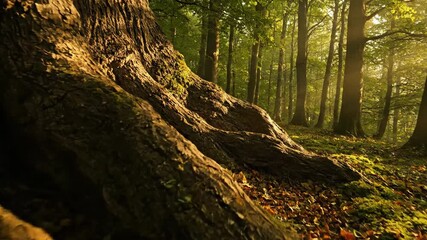 Wall Mural - Ethereal morning light illuminates gnarled roots of an old oak tree in a slow tracking shot light, background, mist