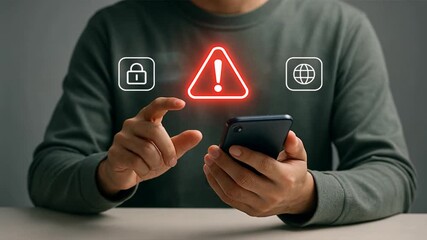 Man in green shirt holds smartphone with holographic scam alert warning and message icons floating above tablet on desk, symbolizing fraud alert and digital scam
