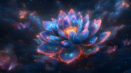 a vibrant, ethereal lotus flower glows amidst a cosmic nebula, evoking a sense of wonder and tranqui