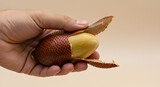 A hand peeling a salak