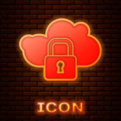 Wall Mural - Glowing neon Cloud computing lock icon isolated on brick wall background. Security, safety, protection concept. Protection of personal data. Vector